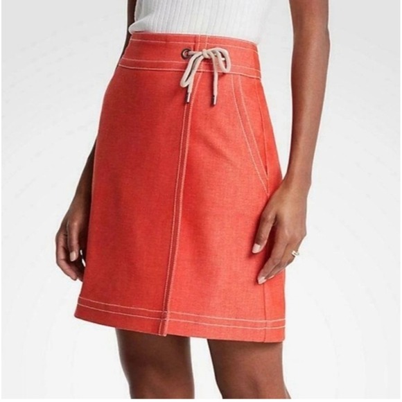 Ann Taylor Dresses & Skirts - Ann Taylor Chambray Coral Orange Faux Wrap A Line Skirt Size 2 NWOT